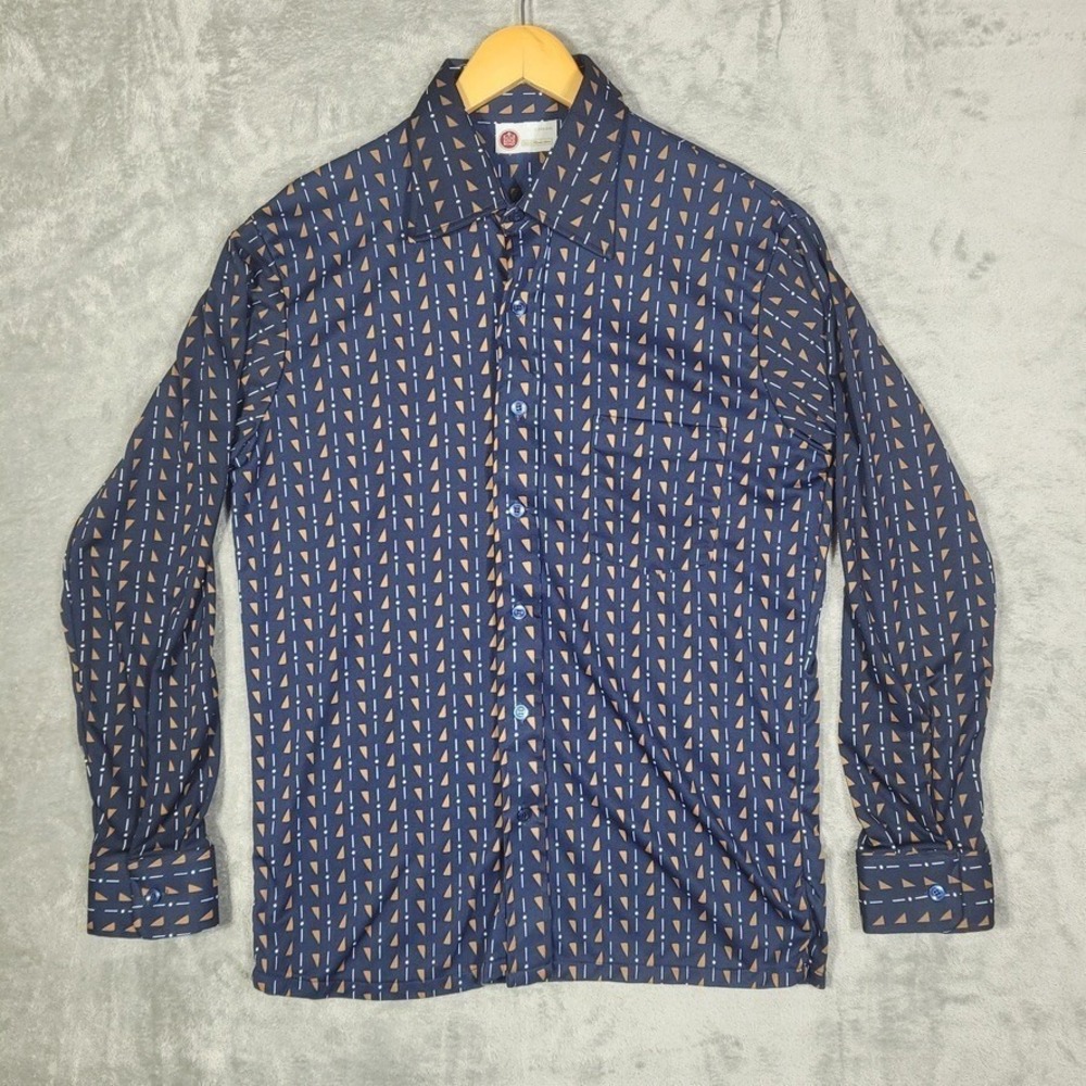 Vintage Sears Kings Road Shirt Mens Large 70s Polyester Disco Geometric Print